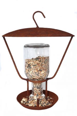 Vogelfutterstation mit Glasflasche aus Metall in Naturrost Rost, zum Stellen oder Hängen, Futterspender, Futtersta
