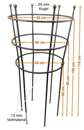 Staudenhalter Trichter rund 3-fach Ring Vollmaterial 12 mm Höhe 116 cm, Ø 55-50-45 cm  Rundeisen unbehandelt Kugel 25 mm