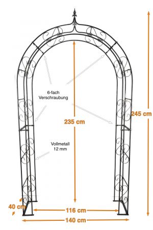 Rosenbogen GUSTAV spitz aus Metall 12 mm Vollmaterial roh Breite 140cm Höhe 245cm Tiefe 40cm, 5-teilig