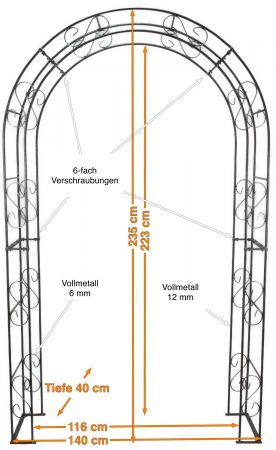 Rosenbogen GUSTAV Rund Feuerverzinkt Metall 12 mm Vollmaterial Breite 140cm Höhe 235cm Tiefe 40cm, 5-teilig