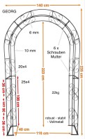 Rosenbogen GEORG Rund aus Metall 10 mm Vollmaterial roh Breite 140 cm Höhe 235 cm Tiefe 40 cm, 5-teilig