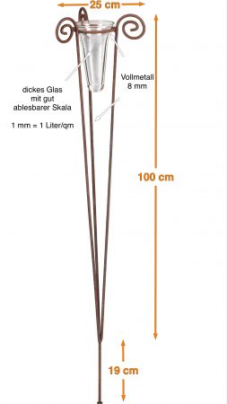 Regenmesser mit Glas Höhe 100 cm 3-Bein Edelrost, Erdspiess 19 cm