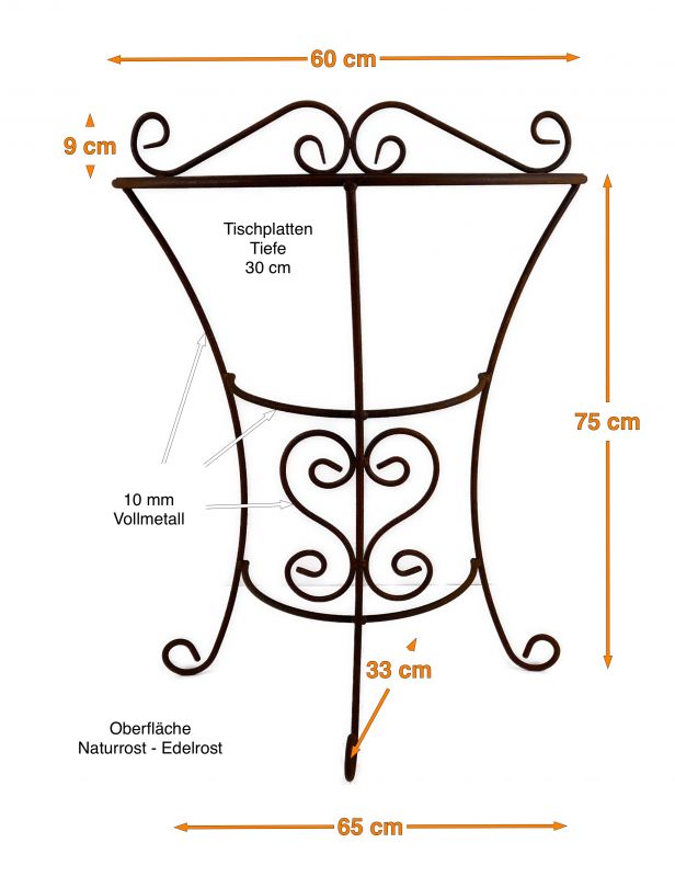 Gartentisch halbrund Edelrost B: 60 cm H: 75 cm T: 30 cm freistehend Edelrost einteilig