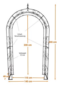 Rosenbogen GUSTAV Spitz Feuerverzink Metall 12 mm Vollmaterial Breite 140cm Höhe 245cm Tiefe 40cm, 5-teilig