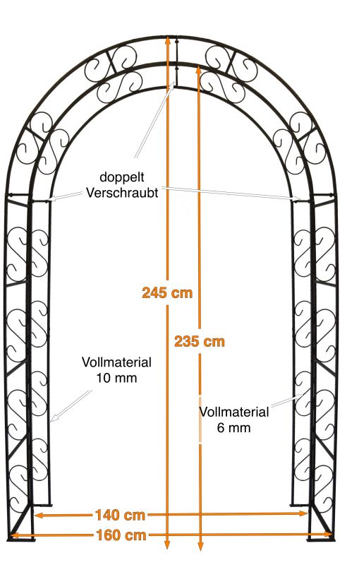 Rosenbogen Rund aus Metall stabil, feuerverzinkt 12 mm Vollmaterial Breite 165cm Höhe 245cm Tiefe 40cm,