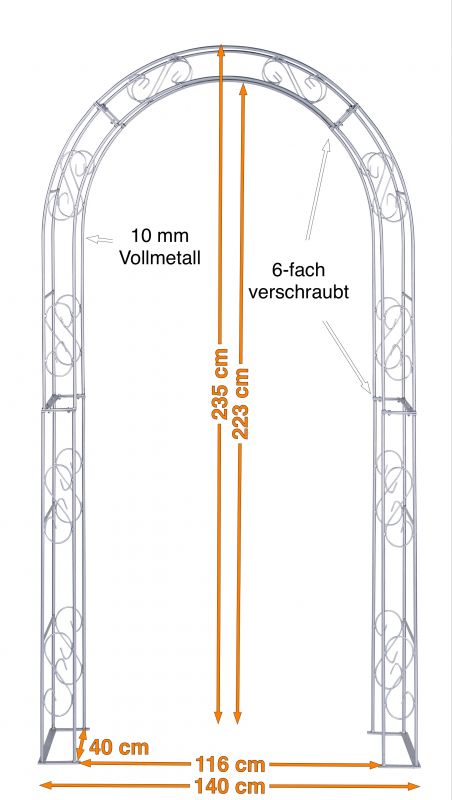 Rosenbogen GEORG Rund Feuerverzinkt 10 mm Vollmaterial Breite 140 cm Höhe 235 cm Tiefe 40 cm, 5-teilig