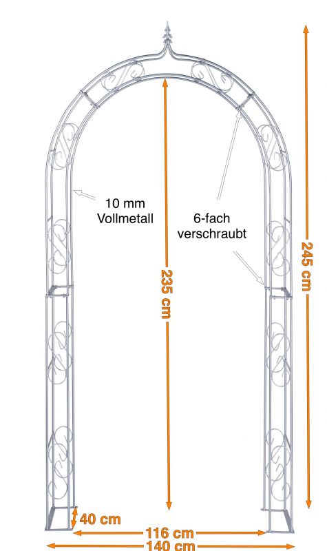 Rosenbogen GEORG Spitz Feuerverzinkt 10 mm Vollmaterial Breite 140cm Höhe 245cm Tiefe 40cm, 5-teilig + Bodenanker