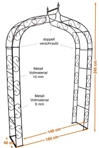 Rosenbogen SPITZ Vollmetall stabil, feuerverzinkt 12 mm Vollmaterial Breite 165cm Höhe 245cm Tiefe 40cm,