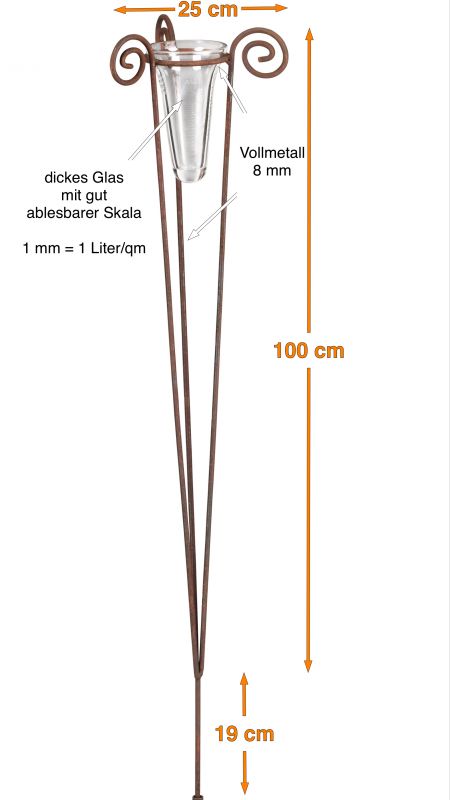 Regenmesser mit Glas Höhe 100 cm 3-Bein Edelrost, Erdspiess 19 cm